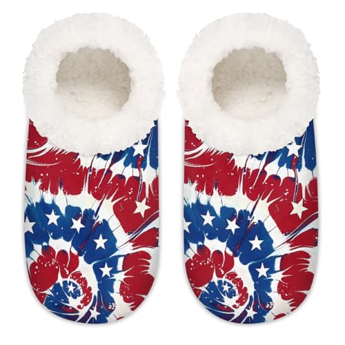 Mexpekil American 4th of Juli, blau-rote Batik-Damen-Hausschuhe, flauschige Hausschuhe, rutschfeste Schuhe für Damen, Herren, American 4. Juli, Batikfärbung, Blau / Rot, XX-Large Breit von Mexpekil