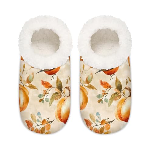 Mexpekil Aquarell Herbst Kürbisse Vogel Damen Hausschuhe Fuzzy House Slipper rutschfeste Schuhe für Damen Herren Damen, Aquarell Herbst Kürbisse Vogel, Medium Breit von Mexpekil