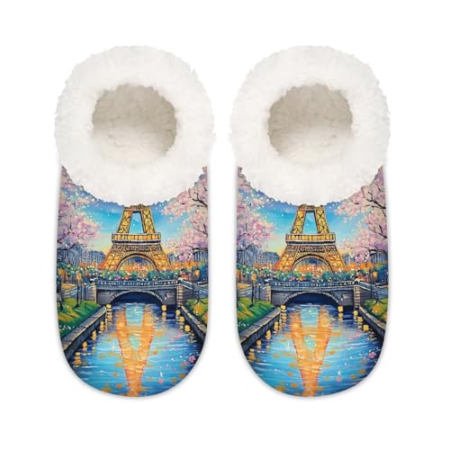 Mexpekil Art Painting Moon Eiffelturm Blume Damen Hausschuhe Fuzzy House Slipper rutschfeste Schuhe für Damen Herren Damen, Kunstmalerei, Mond, Eiffelturm, Blume, Large X-Large von Mexpekil