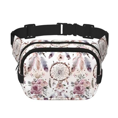 Mexpekil Bauchtasche Boho Traumfänger Feder Rose Bauchtasche Damen Herren Wasserdicht Mode Hüfttaschen mit verstellbarem Gurt Crossbody Gürteltasche zum Laufen Wandern, mehrfarbig, Einheitsgröße von Mexpekil