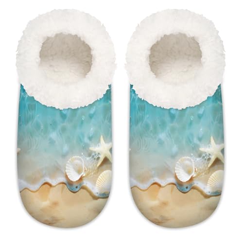 Mexpekil Beach Ocean Seestern Muschel Damen Hausschuhe Fuzzy House Slipper rutschfeste Schuhe für Damen Herren Damen, Strand Ozean Seestern Muschel, Large von Mexpekil