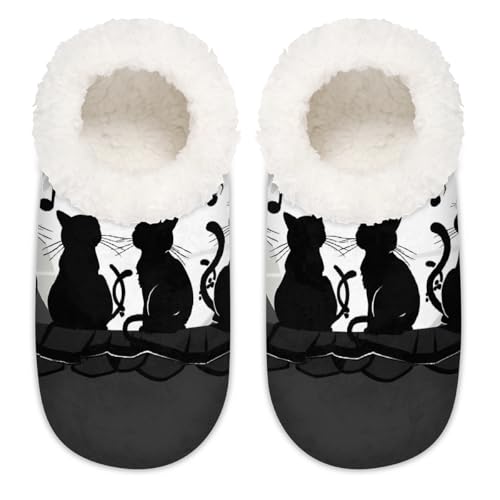 Mexpekil Black Cat Moon Damen-Hausschuhe, flauschig, rutschfest, für Damen und Herren, Black Cat Moon, Large von Mexpekil