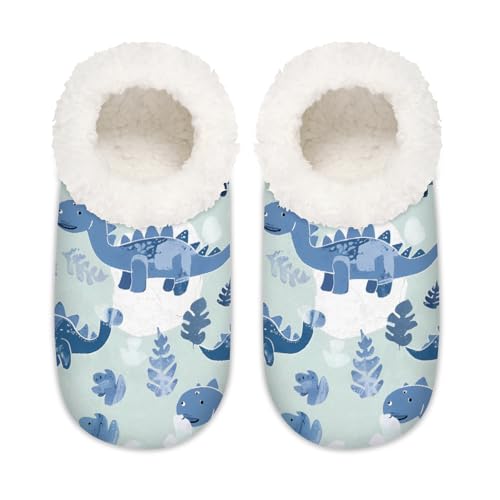 Mexpekil Blau-graue süße Dinosaurier-Damen-Hausschuhe, flauschige Hausschuhe, rutschfeste Schuhe für Damen und Herren, Blau-grauer süßer Dinosaurier, Large von Mexpekil