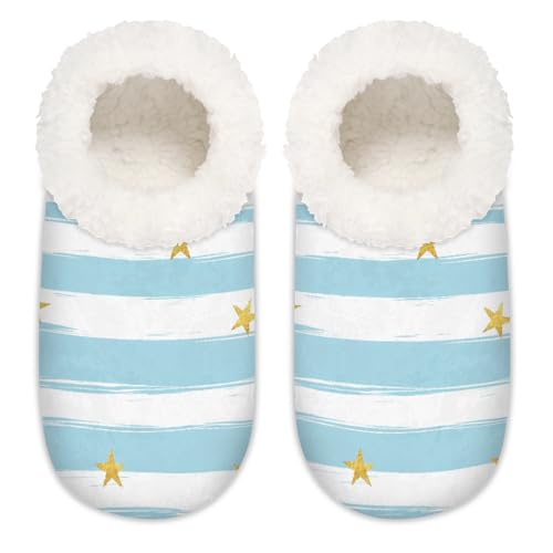 Mexpekil Blaue Streifen goldene Sterne Muster Damen Hausschuhe Fuzzy House Slipper rutschfeste Schuhe für Damen Herren Damen, Blaue Streifen, goldene Sterne, Large von Mexpekil