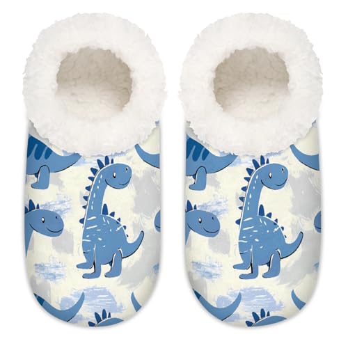 Mexpekil Blaue süße tropische Dinosaurier-Dino Damen-Hausschuhe, flauschige Hausschuhe, rutschfeste Schuhe für Damen und Herren, Blauer süßer tropischer Dinosaurier-Dino, Large X-Large von Mexpekil