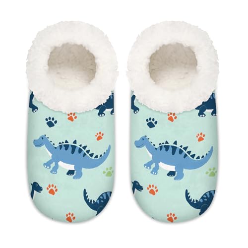 Mexpekil Blaue tropische Dinosaurier-Dino-Potenabdruck-Damen-Hausschuhe, flauschige Hausschuhe, rutschfeste Schuhe für Damen und Herren, Blauer tropischer Dinosaurier-Dino-Pfotenabdruck, Medium Breit von Mexpekil
