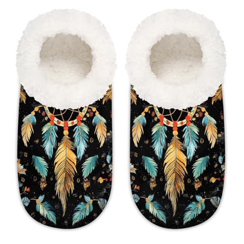 Mexpekil Boho Dreamcatcher Feder Damen Hausschuhe Fuzzy House Slipper rutschfeste Schuhe für Damen Herren Damen, Boho-Traumfänger-Feder, Large X-Large von Mexpekil