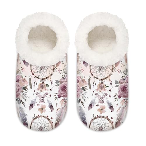 Mexpekil Boho Dreamcatcher Feder Rose Damen Hausschuhe Fuzzy House Slipper rutschfeste Schuhe für Damen Herren Damen, Boho Traumfänger Feder Rose, Large von Mexpekil