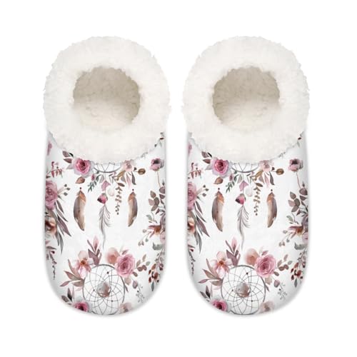 Mexpekil Boho Dreamcatcher Rose Floral Damen Hausschuhe Fuzzy House Slipper rutschfeste Schuhe für Damen Herren Damen, Boho Dreamcatcher Rose Floral, Medium Breit von Mexpekil