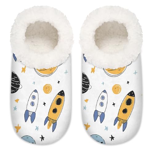 Mexpekil Bunte Rockets Planets Damen-Hausschuhe, flauschige Hausschuhe, rutschfeste Schuhe für Damen, Herren, Bunte Raketen Planeten, Large von Mexpekil