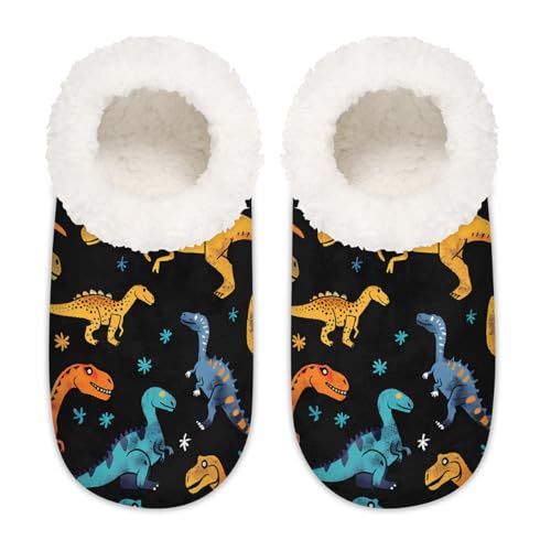 Mexpekil Bunte Tier-Dinosaurier-Muster, Damen-Hausschuhe, flauschige Hausschuhe, rutschfeste Schuhe für Damen, Herren und Damen, Buntes Tier-Dinosaurier-Muster, XX-Large Breit von Mexpekil