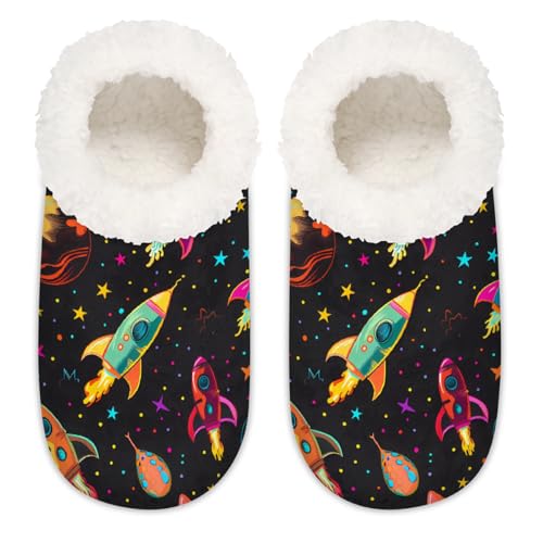 Mexpekil Bunte Weltraum-Raketen-Planeten-Hausschuhe für Damen, flauschige Hausschuhe, rutschfeste Schuhe für Damen, Herren und Damen, Bunte Weltraumraketen, Planeten, Large von Mexpekil