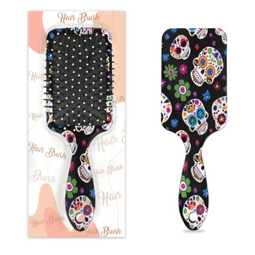 Mexpekil Bunte mexikanische Totenkopf-Entwirrungspaddel-Haarbürste, nasses, trockenes Haar, Massage, Luftkissen-Kamm für Mädchen, Damen, Herren von Mexpekil
