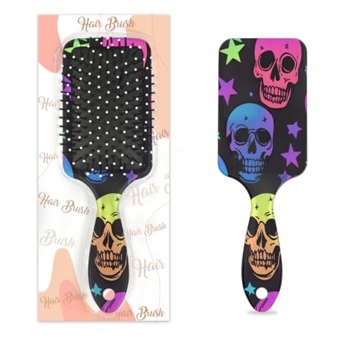 Mexpekil Buntes Totenkopf-Stern-Muster, Entwirrungspaddel-Haarbürste, nasses, trockenes Haar, Massage, Luftkissen, Kamm für Mädchen, Damen, Herren von Mexpekil