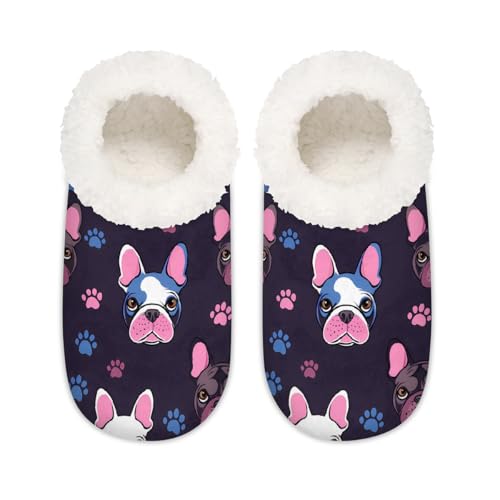 Mexpekil Cartoon Französische Bulldogge Pfotenabdruck Damen Hausschuhe Fuzzy House Slipper rutschfeste Schuhe für Damen Herren Damen, Cartoon Französische Bulldogge Pfotenabdruck, XX-Large Breit von Mexpekil