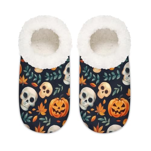 Mexpekil Cartoon-Kürbisse Totenkopf Ahornblatt Damen Hausschuhe Fuzzy House Slipper rutschfeste Schuhe für Damen Herren Damen, Cartoon-Kürbisse, Totenkopf, Ahornblatt, Large von Mexpekil