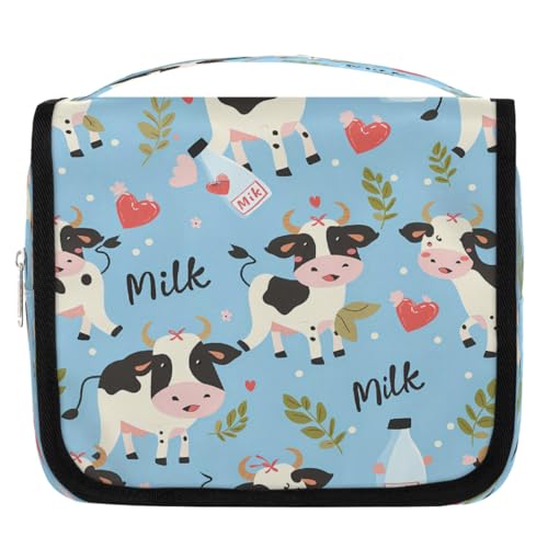 Mexpekil Cartoon Milch Kuh Blätter Kulturbeutel für Damen Herren Damen, Wasserdicht Hängende Reise Kulturbeutel mit Haken, Kosmetik Make-up Tasche Organizer von Mexpekil
