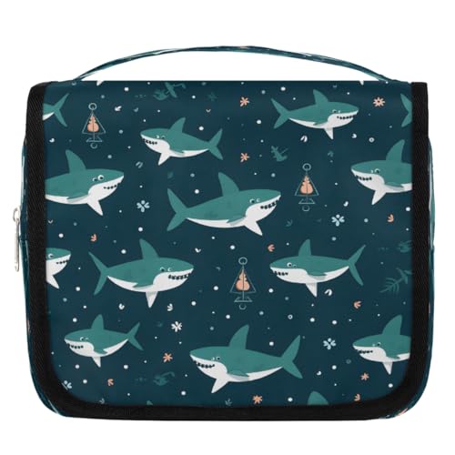 Mexpekil Cartoon Ocean Shark Tier Kulturbeutel für Damen Herren Damen, wasserdichte hängende Reise Kulturbeutel mit Haken, Kosmetiktasche Make-up Tasche Organizer von Mexpekil