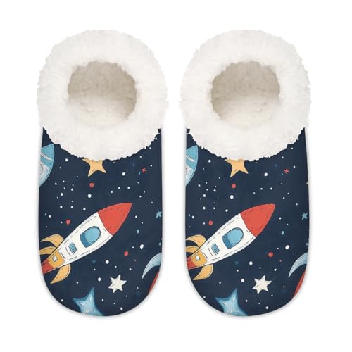 Mexpekil Cartoon Raumschiff Sterne Muster Damen Hausschuhe Fuzzy House Slipper rutschfeste Schuhe für Damen Herren Damen, Cartoon-Raumschiff-Sternmuster, Large X-Large von Mexpekil
