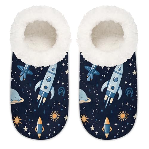 Mexpekil Cartoon Rockets Space Planets Damen-Hausschuhe, flauschige Hausschuhe, rutschfeste Schuhe für Damen, Herren, Cartoon Rockets Space Planets, XX-Large Breit von Mexpekil