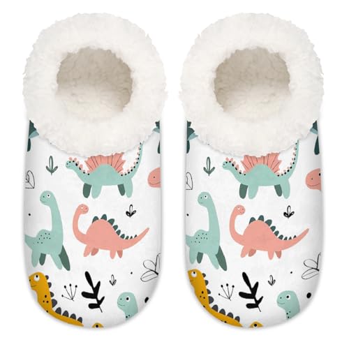 Mexpekil Cartoon Tropical Dinosaurier Dino Damen Hausschuhe Fuzzy House Slipper rutschfeste Schuhe für Damen Herren Damen, Cartoon-Dinosaurier-Dino, XX-Large Breit von Mexpekil