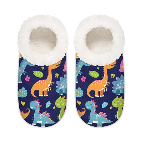 Mexpekil Cartoon farbige Dinosaurier-Dino Damen-Hausschuhe, flauschige Hausschuhe, rutschfeste Schuhe für Damen, Herren, Cartoon-Dinosaurier-Dino, Large von Mexpekil