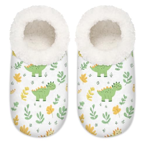 Mexpekil Cartoon grüne tropische Dinosaurier-Damen-Hausschuhe, flauschige Hausschuhe, rutschfeste Schuhe für Damen, Herren, Cartoon-grüner tropischer Dinosaurier, Large von Mexpekil