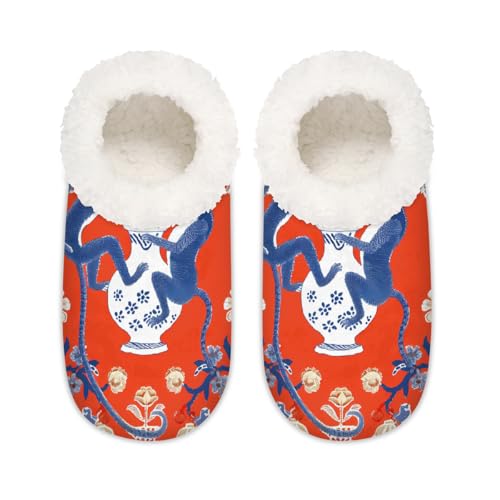 Mexpekil Chinesischer Stil Affe Blumen Damen Hausschuhe Fuzzy House Slipper rutschfeste Schuhe für Damen Herren Damen, Chinesischer Stil Affen-Blumen, Large X-Large von Mexpekil