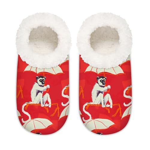 Mexpekil Chinesischer Stil Affe Regenschirm Damen Hausschuhe Fuzzy House Slipper rutschfeste Schuhe für Damen Herren Damen, Regenschirm im chinesischen Stil mit Affe, Medium Breit von Mexpekil