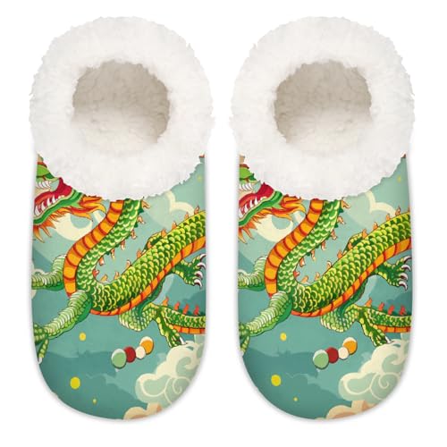 Mexpekil Chinesischer Stil Drache Damen Hausschuhe Fuzzy House Slipper rutschfeste Schuhe für Damen Herren Damen, Drache im chinesischen Stil, Large von Mexpekil