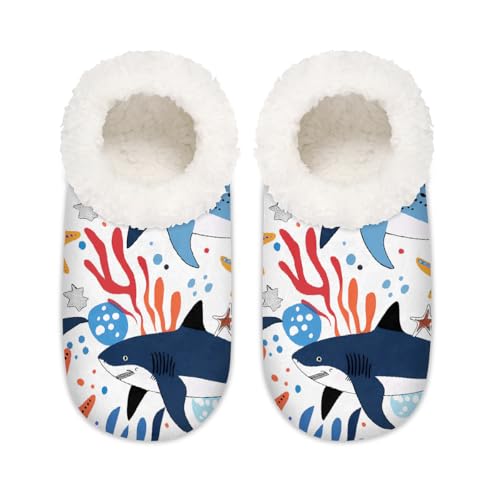 Mexpekil Colored Ocean Shark Seestern Korallen Damen Hausschuhe Fuzzy House Slipper rutschfeste Schuhe für Damen Herren Damen, Farbige Ozeanhai-Seestern-Korallen, XX-Large Breit von Mexpekil
