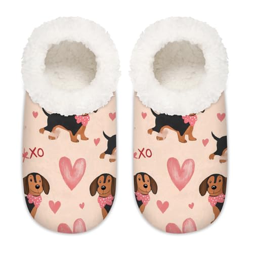 Mexpekil Dackel Hund Love Heart Damen Hausschuhe Fuzzy House Slipper rutschfeste Schuhe für Damen Herren Damen, Dackel Hund Love Heart, Large von Mexpekil