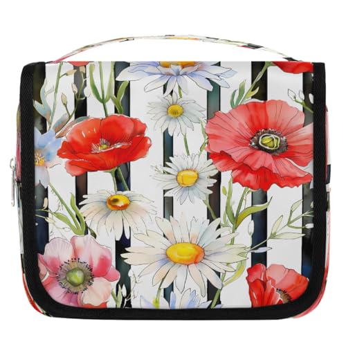 Mexpekil Daisy Poppy Flower Stripes Kulturbeutel für Damen Herren Damen, wasserdichte hängende Reise-Kulturbeutel mit Haken, Kosmetik-Make-up-Tasche Organizer von Mexpekil