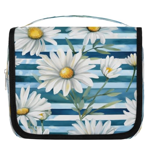 Mexpekil Daisy Stripes Kulturbeutel für Damen Herren Damen, wasserdichte hängende Reise-Kulturbeutel mit Haken, Kosmetik-Make-up-Tasche Organizer von Mexpekil
