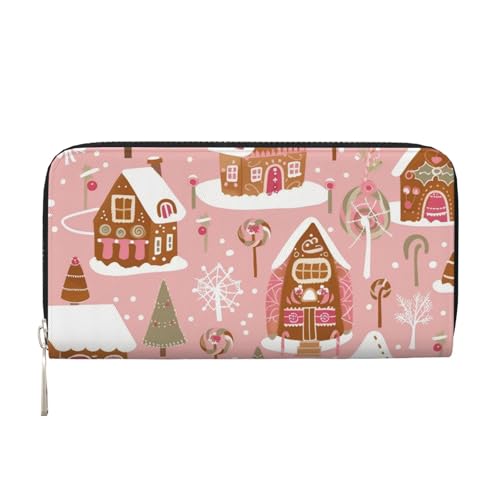 Mexpekil Damen-Geldbörse aus PU-Leder mit Münzfach, Reißverschluss, Handtasche, Rosa, Weihnachten, Lebkuchenhaus, Geldbörsen für Frauen, Schwarz , Einheitsgröße, Modern von Mexpekil