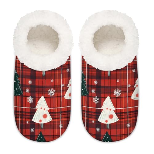 Mexpekil Damen-Hausschuhe, Motiv: Weihnachtsbaum, rutschfest, Rot / Schwarz, Rot / Schwarz karierter Weihnachtsbaum, Medium Breit von Mexpekil