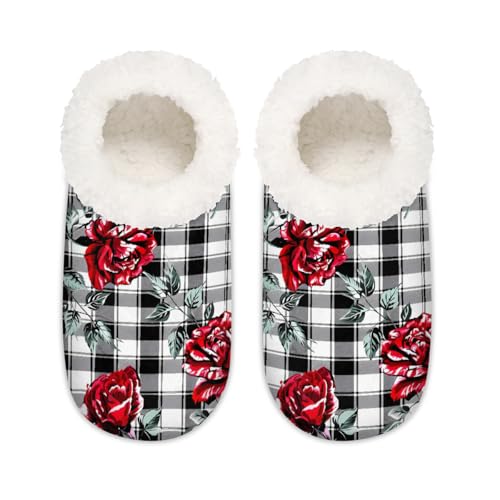 Mexpekil Damen-Hausschuhe, Retro-Stil, rosafarben, kariert, rutschfest, für Damen und Herren, Retro Rose Black Plaid, Medium Breit von Mexpekil