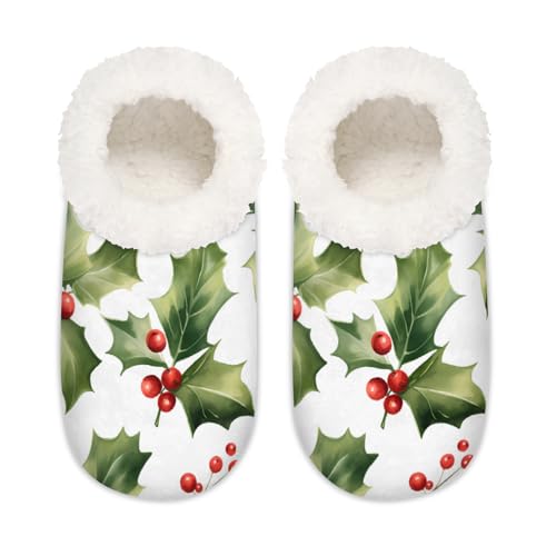 Mexpekil Damen-Hausschuhe, Weihnachtsmotiv, Stechpalmenblatt, flauschig, rutschfest, für Damen und Herren, Weihnachts-Stechpalmenblatt, Medium Breit von Mexpekil