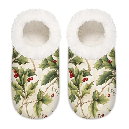 Mexpekil Damen-Hausschuhe, Weihnachtsmotiv, Stechpalmenblatt, rote Früchte, flauschige Hausschuhe, rutschfeste Schuhe für Damen und Herren, Weihnachts-Stechpalmenblatt, rote Früchte, Medium Breit von Mexpekil