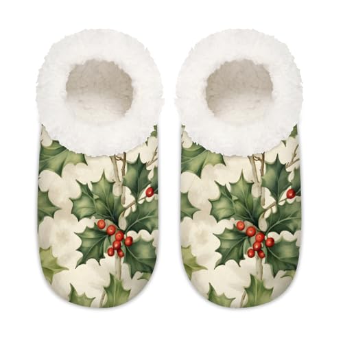 Mexpekil Damen-Hausschuhe, Weihnachtsmotiv, rote Früchte, Stechpalmenblatt, flauschige Hausschuhe, rutschfeste Schuhe für Damen, Herren, Weihnachts-Stechpalmenblatt mit roten Früchten, XX-Large Breit von Mexpekil
