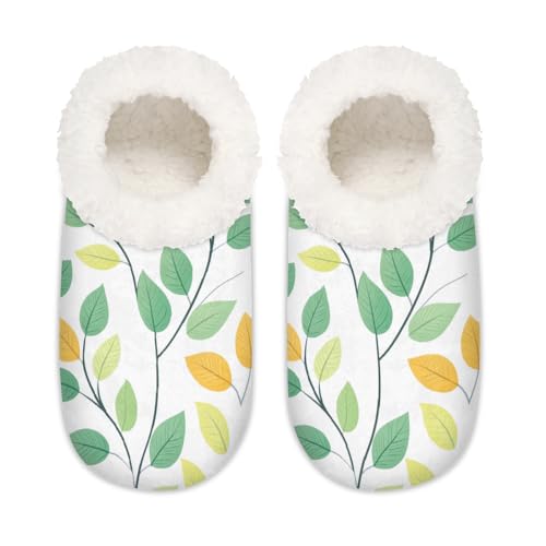Mexpekil Damen-Hausschuhe, grün-gelbe Blätter, flauschige Hausschuhe, rutschfeste Schuhe für Damen, Herren, Grün-gelbe Blätter, Large X-Large von Mexpekil