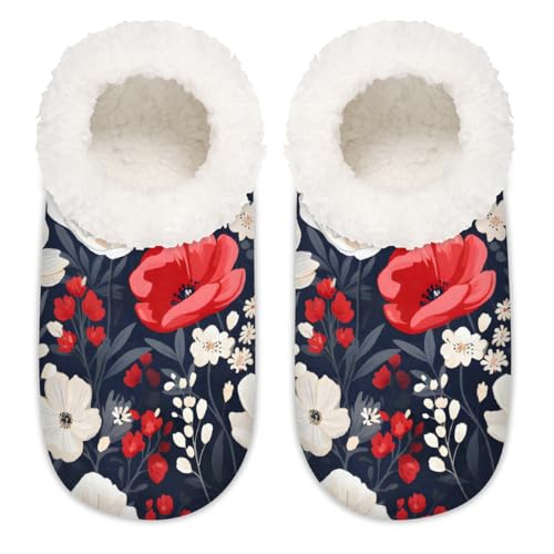 Mexpekil Damen-Hausschuhe, rot-weiße Blumen-Blumen, flauschige Hausschuhe, rutschfeste Schuhe für Damen, Herren, Rot-weiße Blumen, XX-Large Breit von Mexpekil