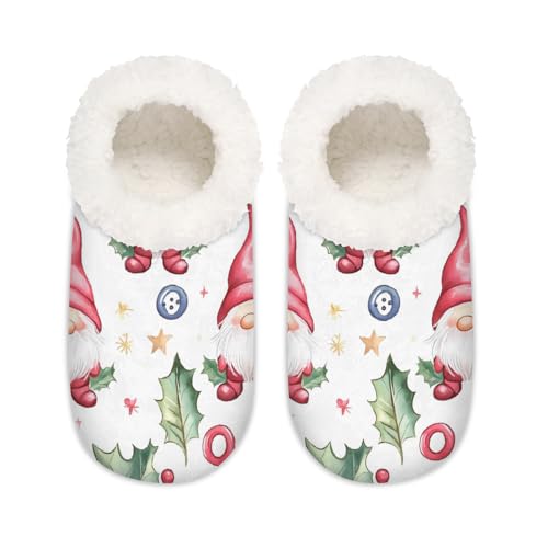 Mexpekil Damen-Hausschuhe mit Weihnachtsmotiv, Stechpalmenblatt, Wichtel, flauschig, rutschfest, für Damen und Herren, Weihnachts-Zwerg mit Stechpalmenblättern, XX-Large Breit von Mexpekil