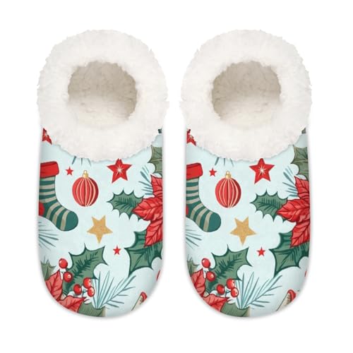 Mexpekil Damen-Hausschuhe mit weihnachtlichen Stechpalmenblatt-Elementen, flauschige Hausschuhe, rutschfeste Schuhe für Damen und Herren, Weihnachts-Stechpalmenblatt-Elemente, Large von Mexpekil