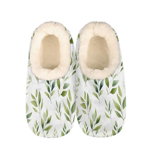 Mexpekil Damen Herren Hausschuhe mit Flauschigem Kragen Winter Warme Hausschuhe Anti-Rutsch Indoor Haus Schuhe Geschenke für Mama Papa (Mehrere Größen EU 37-46), Art Green Leaf Branch, 40/41 EU von Mexpekil