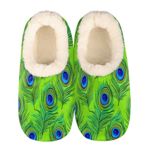 Mexpekil Damen Herren Hausschuhe mit Flauschigem Kragen Winter Warme Hausschuhe Anti-Rutsch Indoor Haus Schuhe Geschenke für Mama Papa (Mehrere Größen EU 37-46), Art Green Peacock Feathers, 36/37 EU von Mexpekil