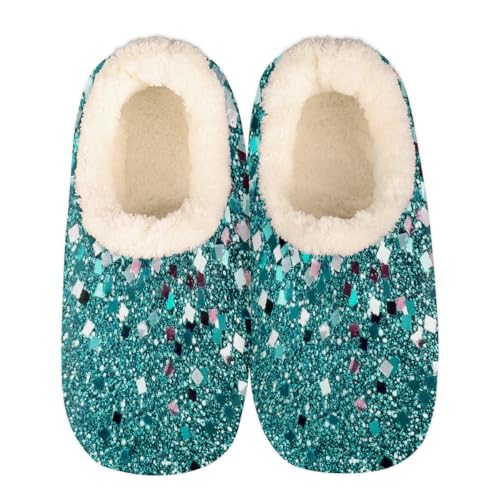 Mexpekil Damen Herren Hausschuhe mit Flauschigem Kragen Winter Warme Hausschuhe Anti-Rutsch Indoor Haus Schuhe Geschenke für Mama Papa (Mehrere Größen EU 37-46), Blaugrünes Glitzer, 38/39 EU von Mexpekil