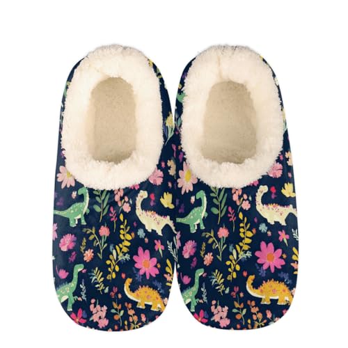 Mexpekil Damen Herren Hausschuhe mit Flauschigem Kragen Winter Warme Hausschuhe Anti-Rutsch Indoor Haus Schuhe Geschenke für Mama Papa (Mehrere Größen EU 37-46), Bunte Dinosaurier-Blumen, 38/39 EU von Mexpekil