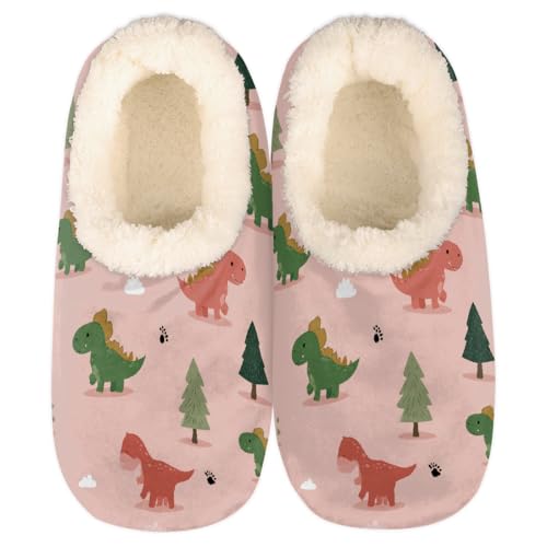 Mexpekil Damen Herren Hausschuhe mit Flauschigem Kragen Winter Warme Hausschuhe Anti-Rutsch Indoor Haus Schuhe Geschenke für Mama Papa (Mehrere Größen EU 37-46), Cartoon-Dinosaurier, rosa und grün, 40 von Mexpekil