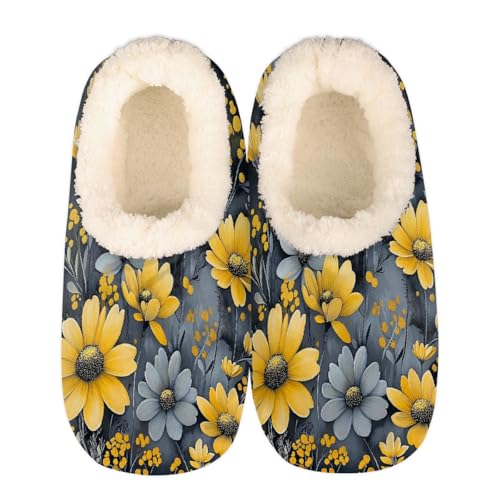 Mexpekil Damen Herren Hausschuhe mit Flauschigem Kragen Winter Warme Hausschuhe Anti-Rutsch Indoor Haus Schuhe Geschenke für Mama Papa (Mehrere Größen EU 37-46), Gelb-graue Blumenkunst, 36/37 EU von Mexpekil